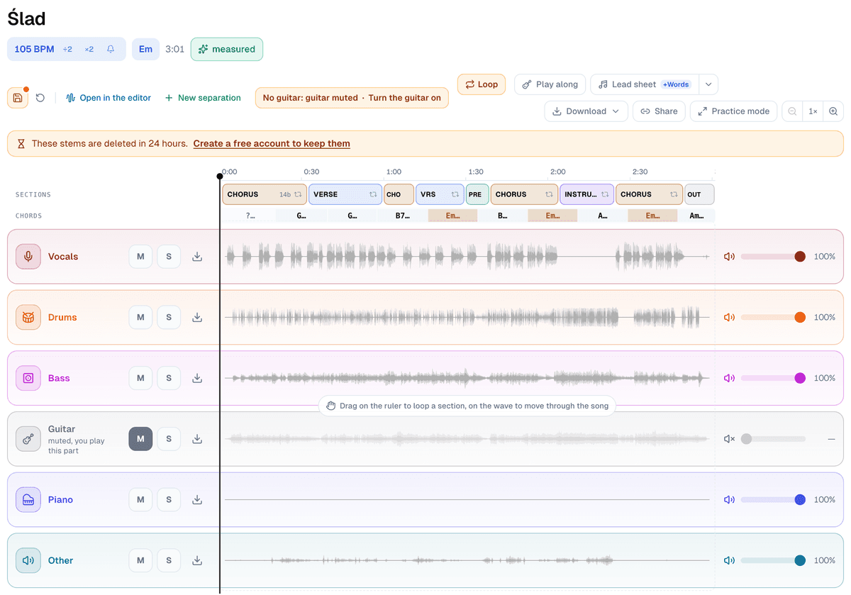 The practice screen for Ślad with the label No guitar: guitar muted and Turn the guitar on, the Sections and Chords rows, and six lanes with the Guitar lane muted and marked muted, you play this part