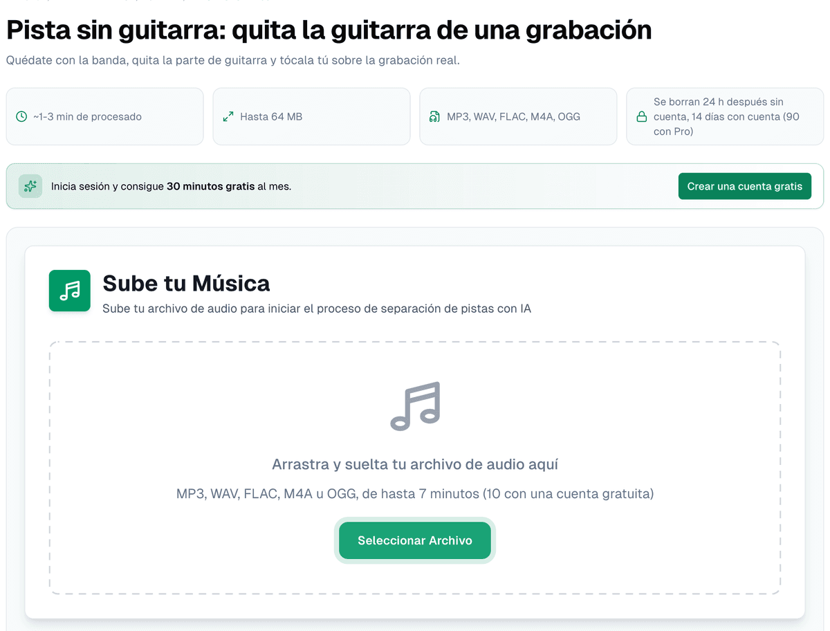 La página de pistas sin guitarra: tiempo de proceso, límite de 64 MB, formatos admitidos y cuánto se guardan los archivos con y sin cuenta, sobre la zona de subida