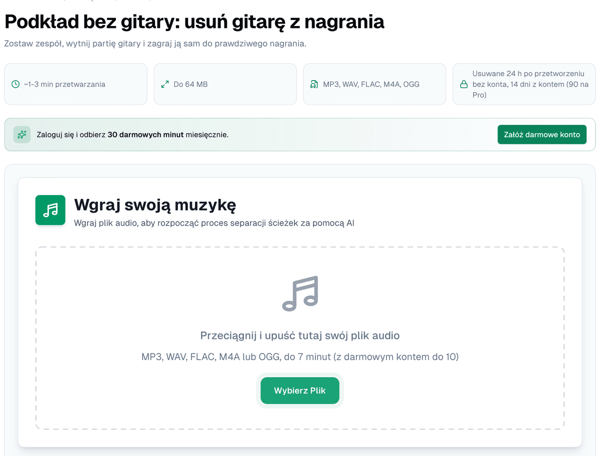 Strona podkładów bez gitary: czas przetwarzania, limit 64 MB, obsługiwane formaty i czas przechowywania plików z kontem i bez niego, nad polem do wgrania pliku