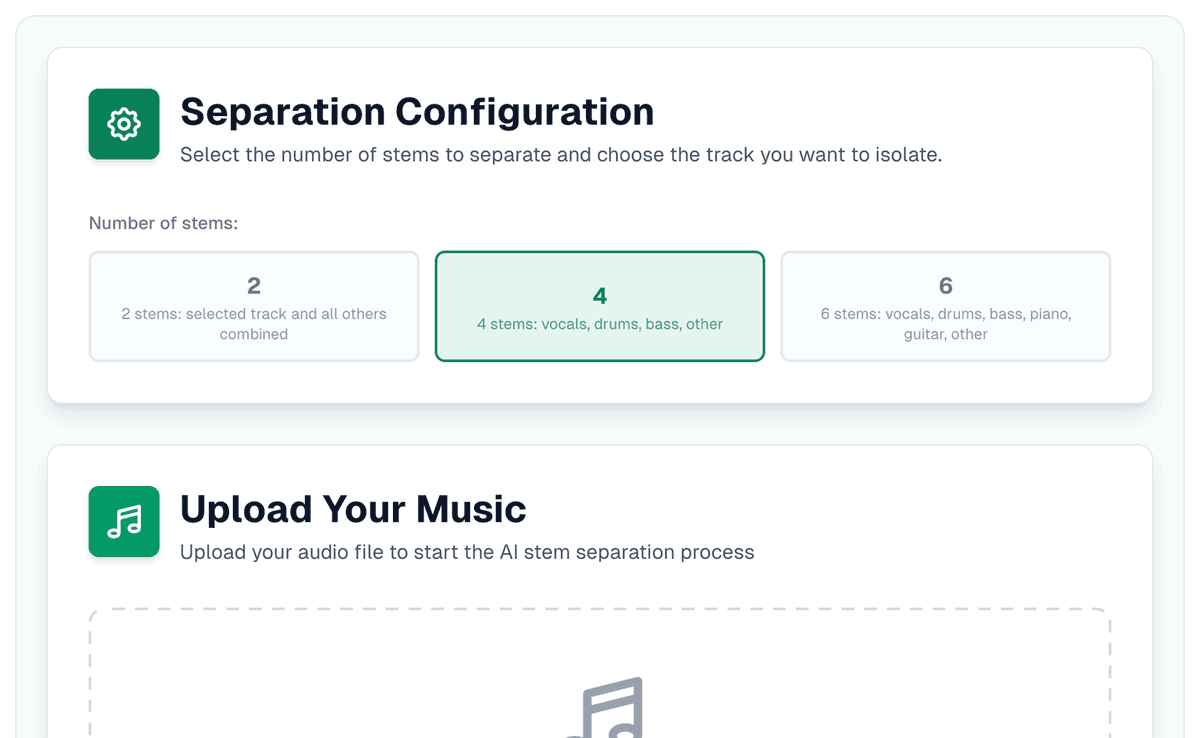 The separation settings with 4 stems selected: vocals, drums, bass, other, next to the 2-stem and 6-stem options