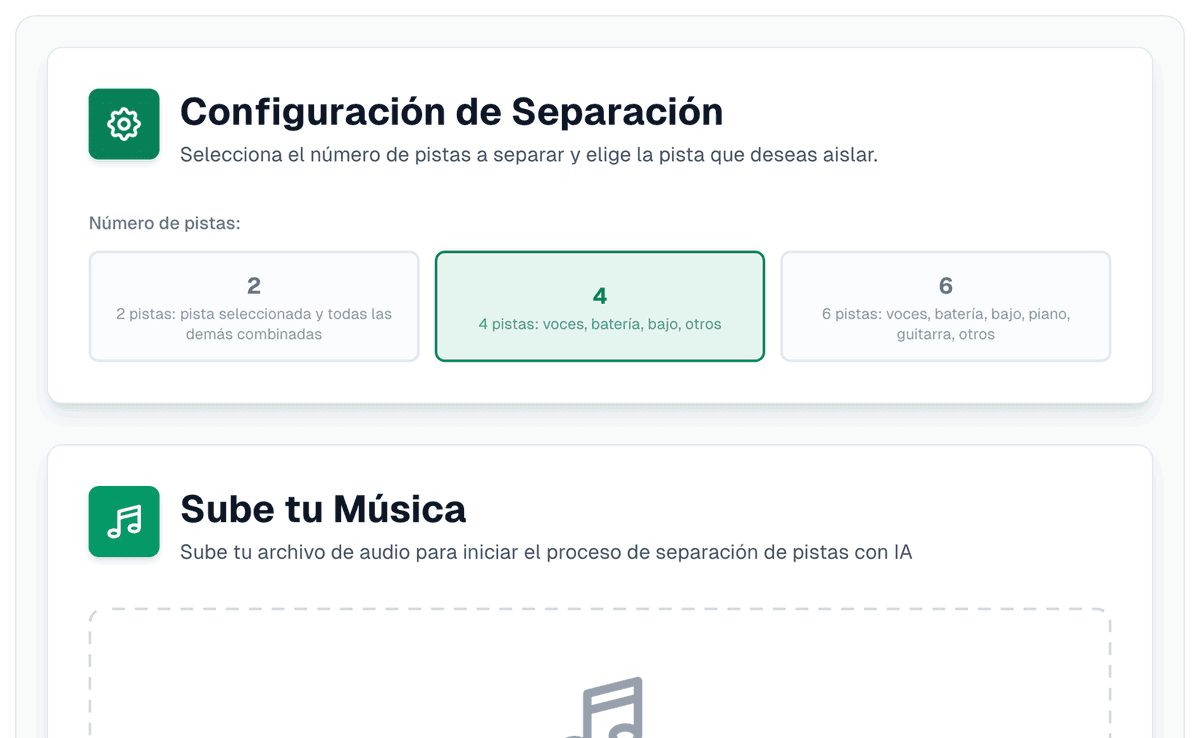 La configuración de separación con 4 pistas elegidas: voces, batería, bajo, otros, junto a las opciones de 2 y 6 pistas