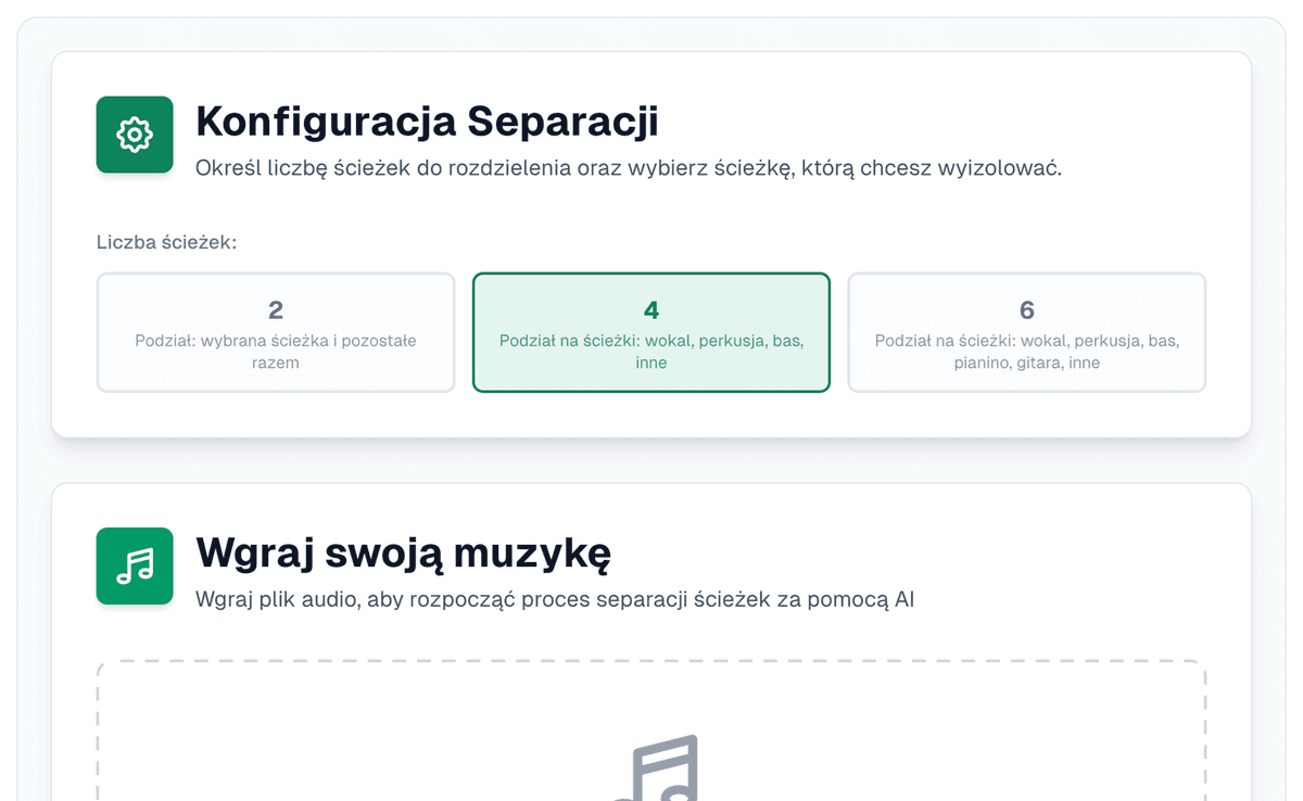 Ustawienia separacji z zaznaczonym podziałem na cztery ścieżki: wokal, perkusja, bas, inne, obok opcji z dwiema i sześcioma ścieżkami