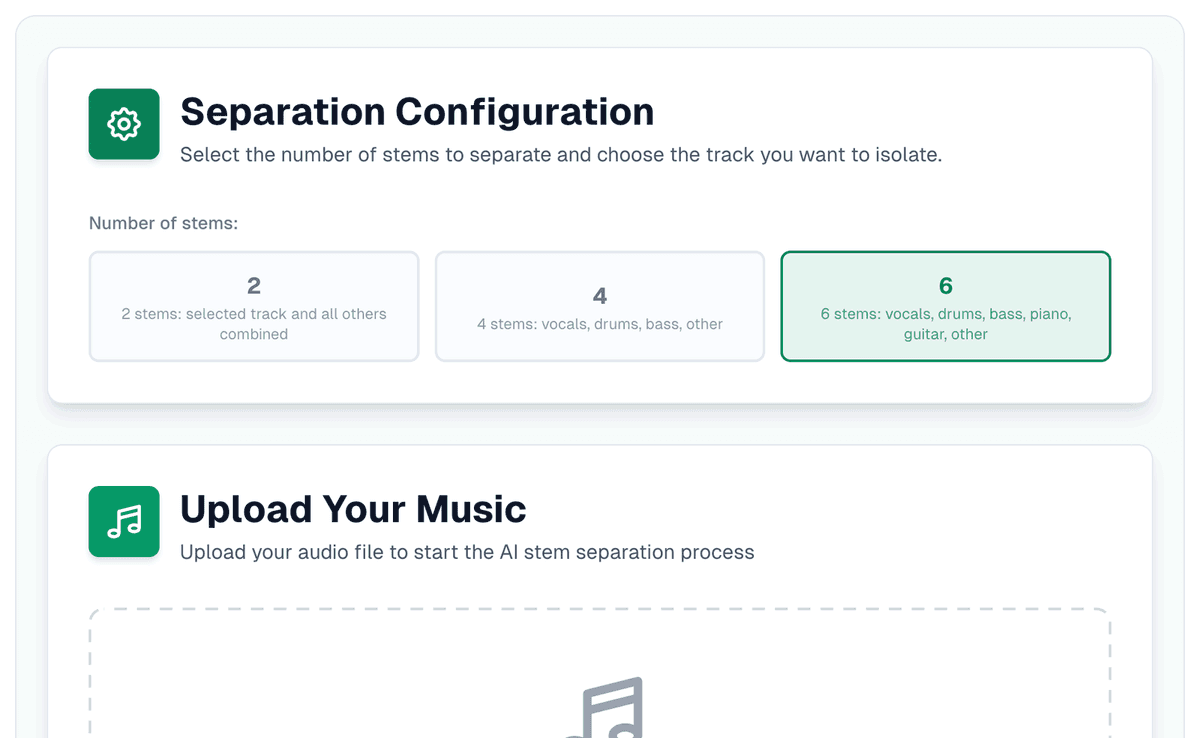 The separation settings with 6 stems selected: vocals, drums, bass, piano, guitar, other