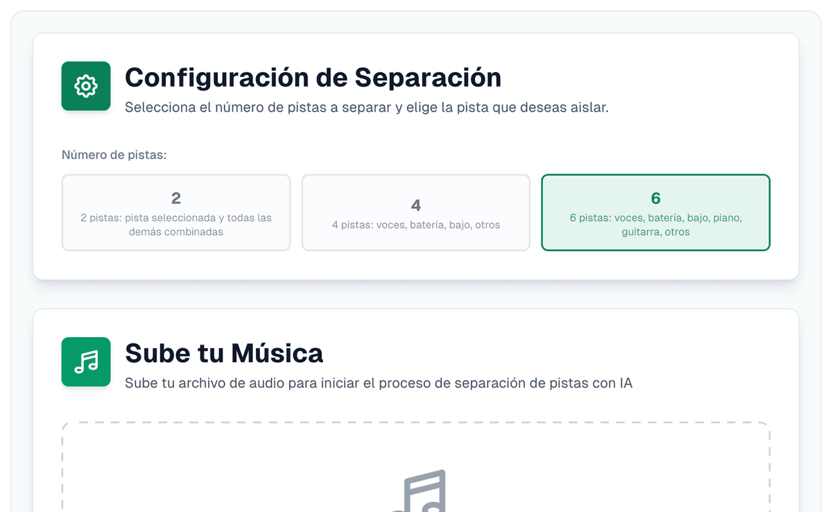 La configuración de separación con 6 pistas elegidas: voces, batería, bajo, piano, guitarra, otros