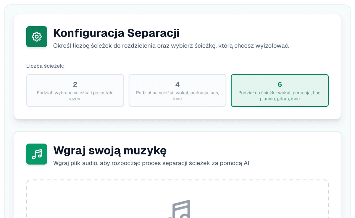 Ustawienia separacji z zaznaczonym podziałem na sześć ścieżek: wokal, perkusja, bas, pianino, gitara, inne