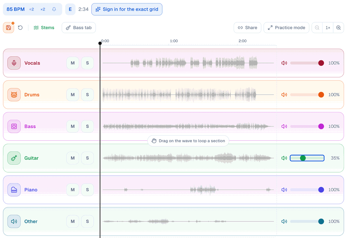 The practice screen for Mgła with the Guitar lane's volume turned down to 35% instead of muted, the other five lanes at 100%