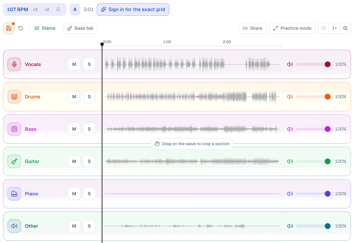 Six stems of Ślad on the practice screen: vocals, drums, bass, guitar and other carry waveforms, the Piano lane is a flat line