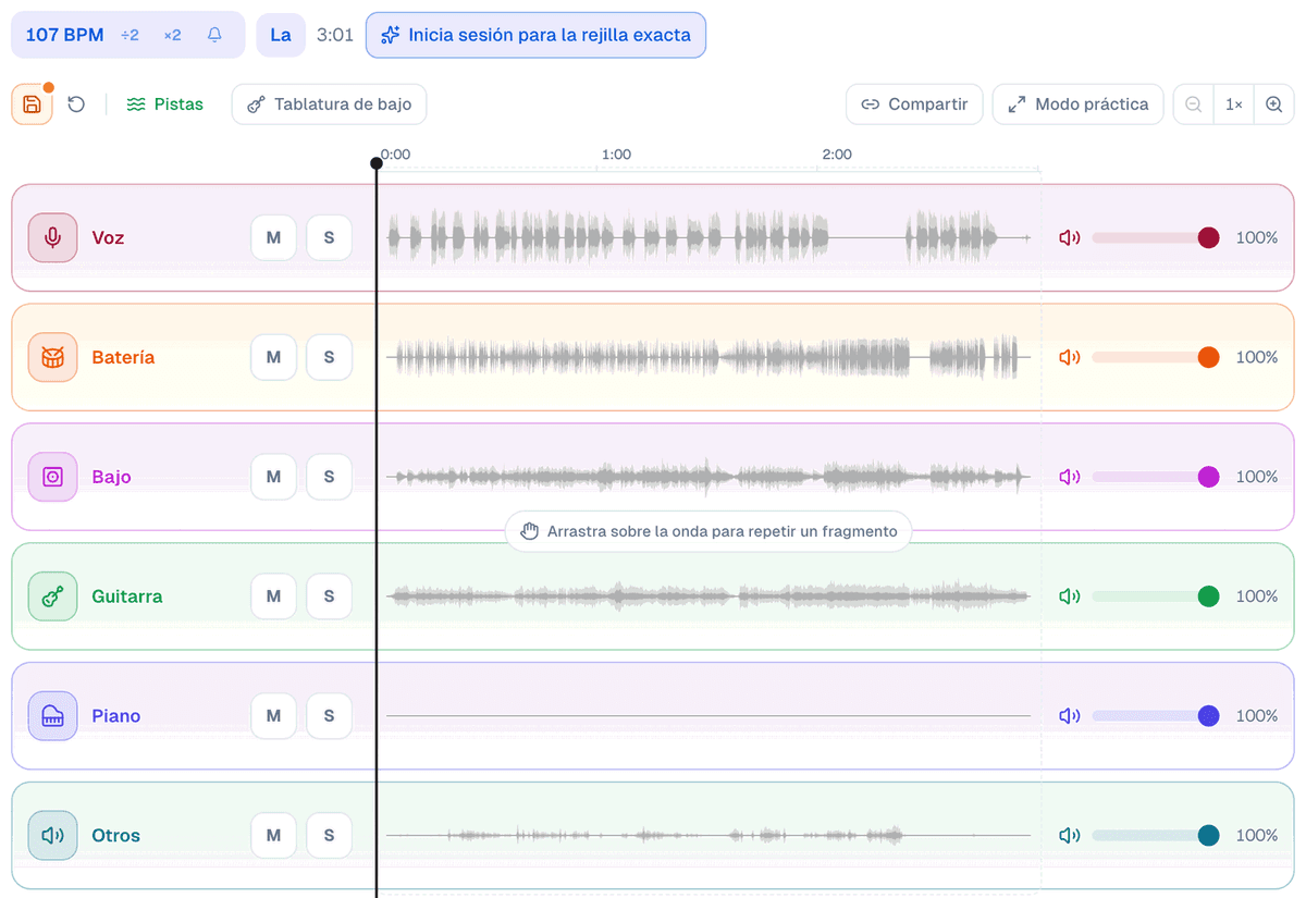 Las seis pistas de Ślad en la pantalla de práctica: voz, batería, bajo, guitarra y otros tienen forma de onda, el carril Piano es una línea plana