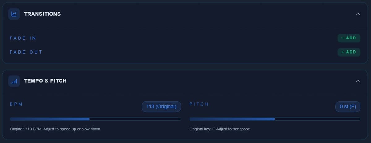 Tempo and transitions controls in the online audio editor