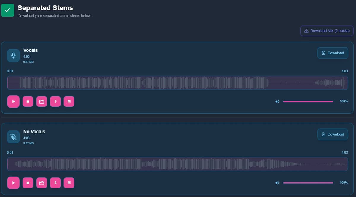 Separated audio tracks ready to use as backing track