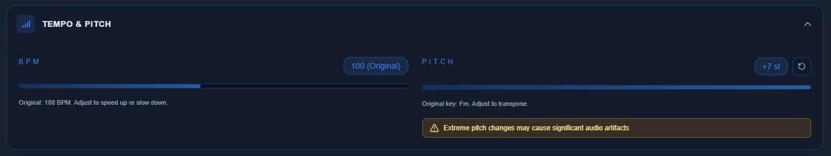 Tempo and pitch adjustment controls for adapting a cover