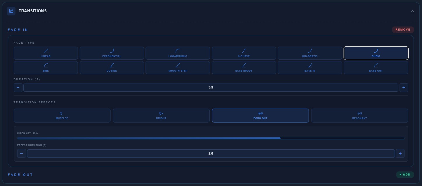 Advanced fade in and fade out transitions in the audio editor