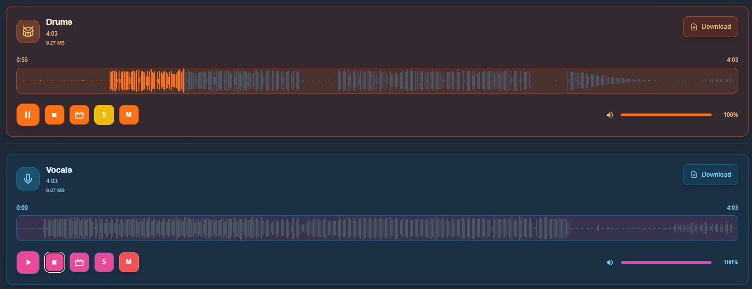 Pistas de batería y voz aisladas con Solo en la herramienta de separación