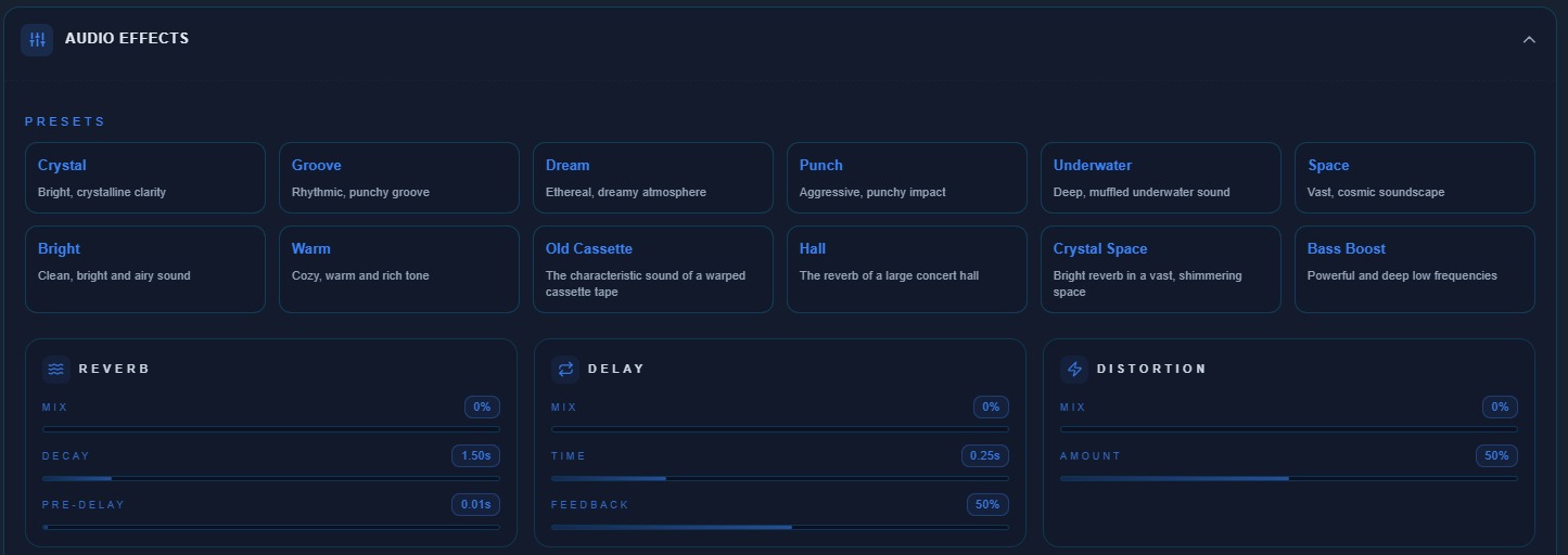 Panel de efectos de audio en el editor online de emusic.tools