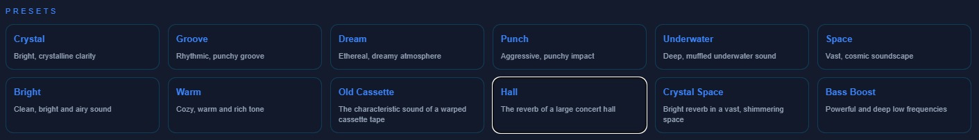 Presets de efectos de audio disponibles en el editor online