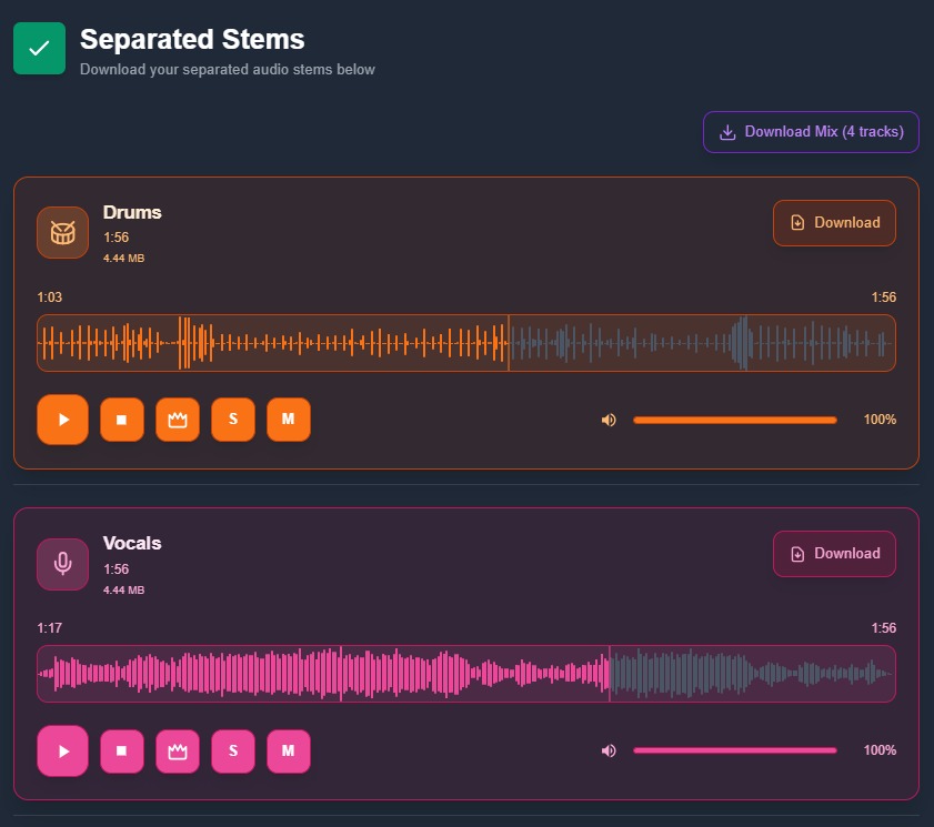 Pistas separadas listas para escuchar y descargar