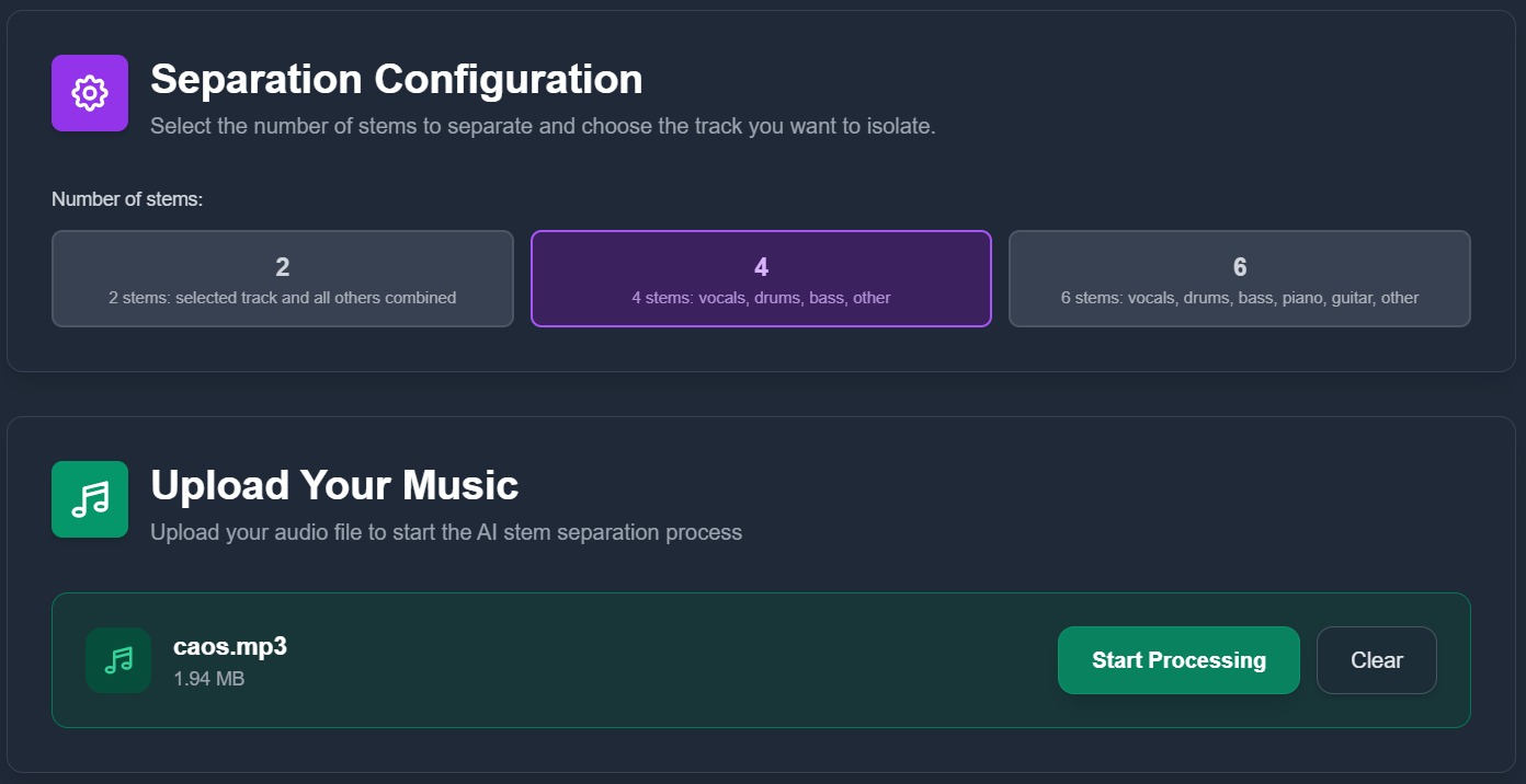 Subir un archivo de audio al separador de stems de emusic.tools