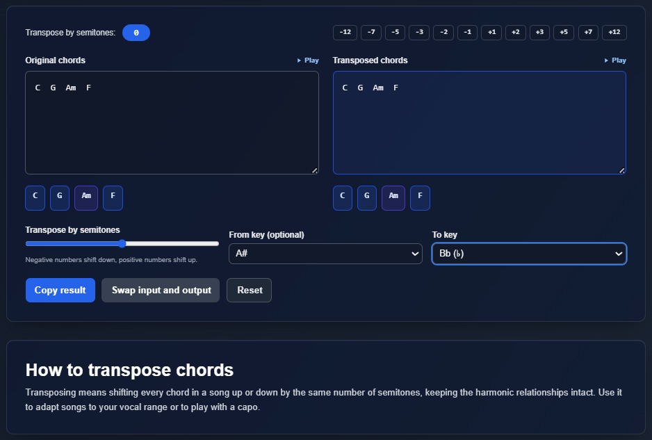Edytowanie i transponowanie progresji w transpozytorze emusic.tools