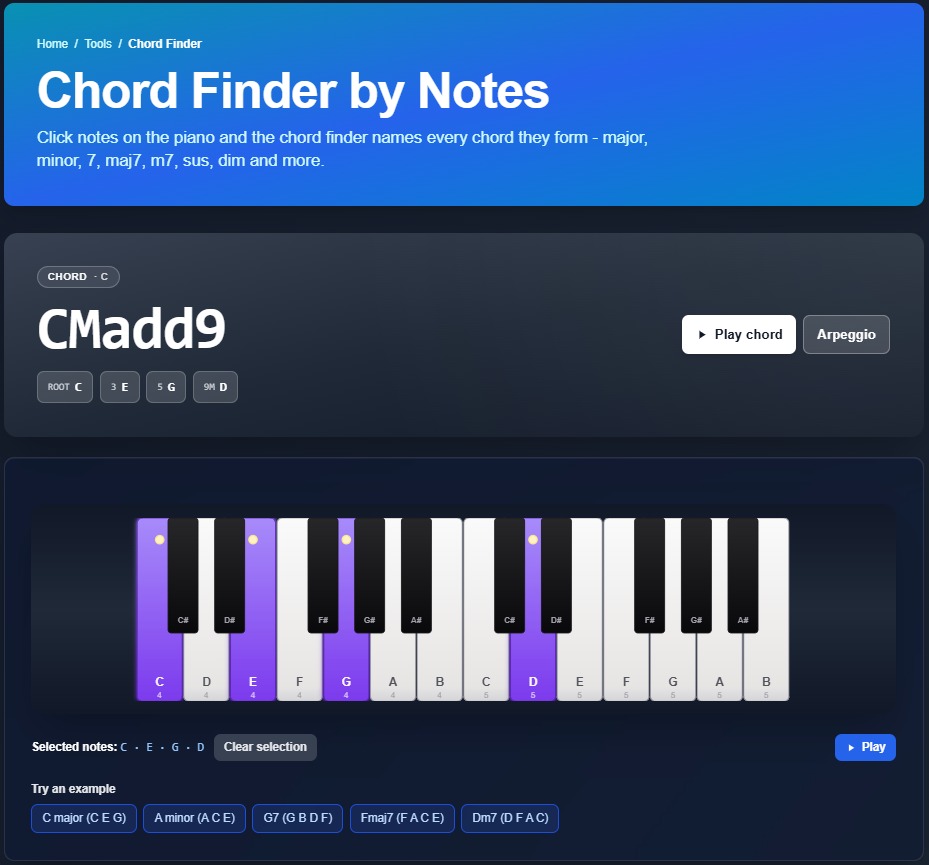 Interfaz del identificador de acordes en emusic.tools