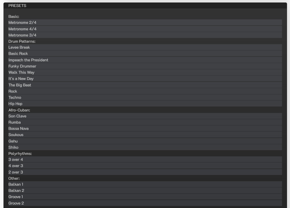 Preajustes y selección de compás en el metrónomo online