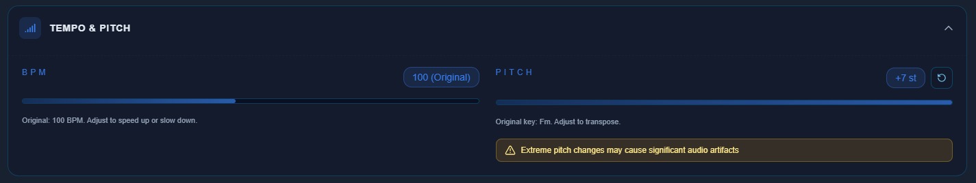 Controles de tempo y pitch para adaptar la tonalidad del cover